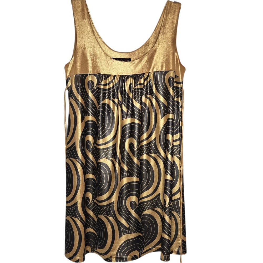 LuNa Tiks Gold Metallic Empire Waist Dress Tunic Top Small Swirl Print Cyber Y2K